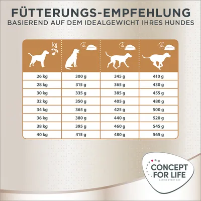 Fütterungsempfehlung basierend auf dem Idealgewicht Ihres Hundes. Tabelle zeigt tägliche Futtermenge für Hunde von 26 kg bis 40 kg: z.B. 26 kg = 300 g, 40 kg = 565 g.
