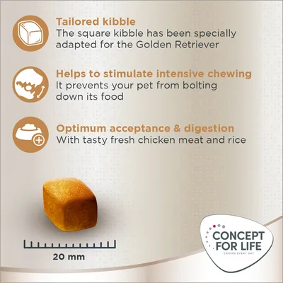 Square kibble, 20mm size, adapted for Golden Retriever, helps stimulate intensive chewing and prevents bolting, with fresh chicken meat and rice for optimum acceptance and digestion.