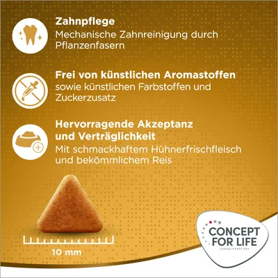 Zahnpflege durch Pflanzenfasern, frei von künstlichen Aromastoffen, hervorragende Akzeptanz mit Hühnerfrischfleisch und Reis. Krokettenmass: 10 mm. Concept for Life Logo sichtbar.