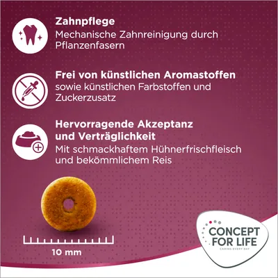 Zahnpflege durch Pflanzenfasern, frei von künstlichen Aromastoffen, hervorragende Akzeptanz mit Hühnerfrischfleisch und Reis. Grösse: 10 mm. Concept for Life Logo sichtbar.