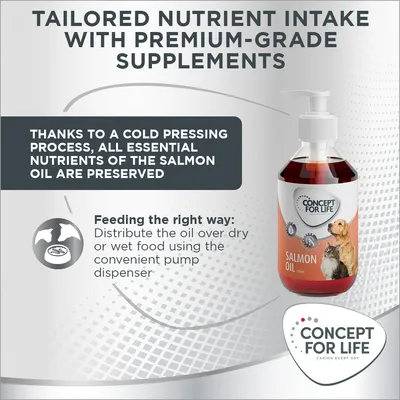 Concept for Life Salmon Oil 500ml bottle with pump. Text: Tailored nutrient intake with premium-grade supplements. All essential nutrients of the salmon oil are preserved by cold pressing.