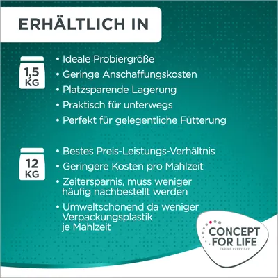 Erhältlich in 1,5 kg: Probiergrösse, geringe Kosten, platzsparend, praktisch unterwegs. Erhältlich in 12 kg: bestes Preis-Leistungs-Verhältnis, weniger Verpackung, Zeitersparnis.
