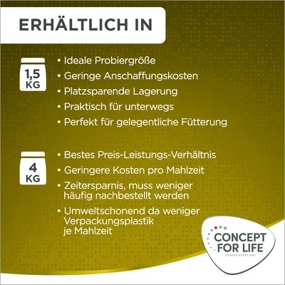 Erhältlich in 1,5 kg: Ideale Probiergrösse, platzsparend, praktisch für unterwegs. Erhältlich in 4 kg: Bestes Preis-Leistungs-Verhältnis, umweltschonend, weniger Verpackungsplastik je Mahlzeit.