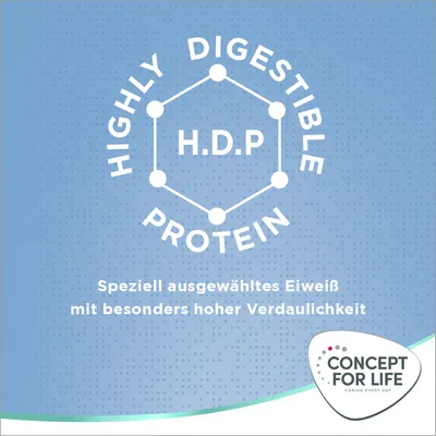 Concept for Life. Speziell ausgewähltes Eiweiss mit besonders hoher Verdaulichkeit, H.D.P Highly Digestible Protein.