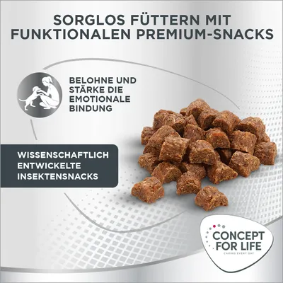 Sorglos füttern mit funktionalen Premium-Snacks. Belohne und stärke die emotionale Bindung. Wissenschaftlich entwickelte Insektensnacks. Concept for Life Logo sichtbar.