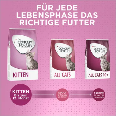 Concept for Life Katzenfutter für jede Lebensphase: Kitten bis 12 Monate, Adult ab 12 Monaten, Senior ab dem 10. Lebensjahr. Drei Varianten: Kitten, All Cats, All Cats 10+.