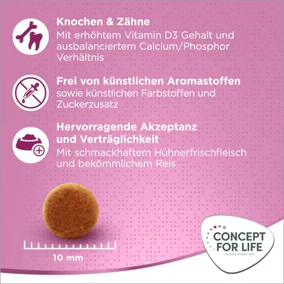 Knochen & Zähne: Erhöhter Vitamin D3 Gehalt, ausbalanciertes Calcium/Phosphor Verhältnis. Frei von künstlichen Aromastoffen, Farbstoffen, Zuckerzusatz. Hervorragende Akzeptanz mit Hühnerfrischfleisch und Reis.