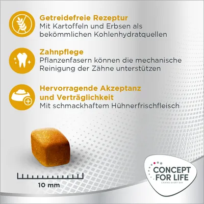 Getreidefreie Rezeptur mit Kartoffeln und Erbsen, Zahnpflege durch Pflanzenfasern, hervorragende Akzeptanz mit Hühnerfrischfleisch. Krokettenmass: 10 mm. Concept for Life Logo sichtbar.