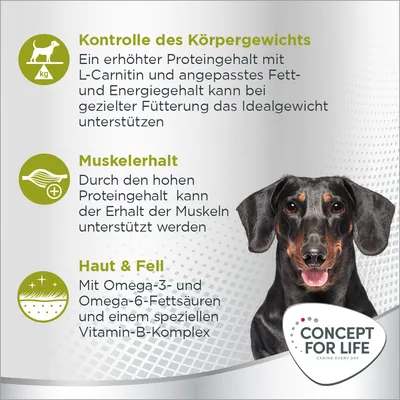 Concept for Life. Vorteile: Kontrolle des Körpergewichts, Muskelerhalt durch hohen Proteingehalt, Haut & Fell mit Omega-3- und Omega-6-Fettsäuren sowie Vitamin-B-Komplex.