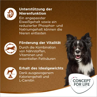 Concept for Life. Unterstützung der Nierenfunktion, Förderung der Vitalität und Erhalt des Idealgewichts durch angepasste Inhaltsstoffe wie Eiweiß, Vitamine und L-Carnitin.
