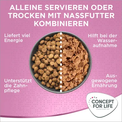 Concept for Life. Trockenfutter allein servieren oder mit Nassfutter kombinieren. Liefert Energie, unterstützt Zahnpflege, hilft bei Wasseraufnahme, ausgewogene Ernährung.
