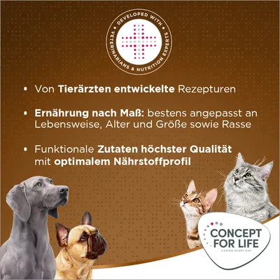 Von Tierärzten entwickelte Rezepturen. Ernährung nach Maß: angepasst an Lebensweise, Alter, Größe und Rasse. Funktionale Zutaten höchster Qualität mit optimalem Nährstoffprofil.