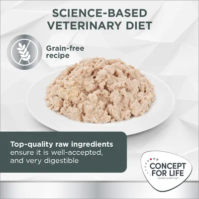 Science-based veterinary diet with grain-free recipe. Top-quality raw ingredients ensure it is well-accepted and very digestible. Concept for Life brand shown.