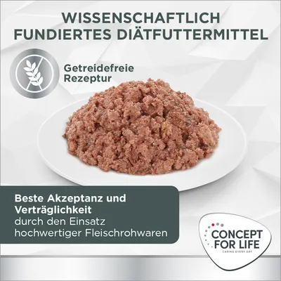 Concept for Life, aliment diététique humide sur assiette. Texte en allemand : recette sans céréales, meilleure acceptation et tolérance grâce à des viandes crues de qualité.