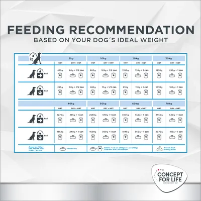 Feeding guide for dogs by weight: 5–70 kg, showing daily wet, dry, and mixed food amounts in grams and cans. Includes Concept for Life brand logo. Icons for kibble, cans, water.