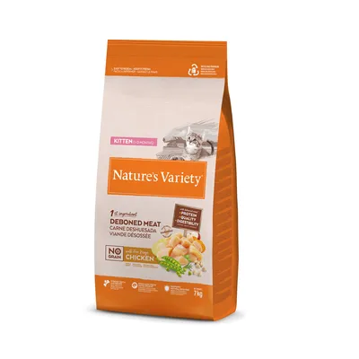 Sac de croquettes Nature’s Variety pour chaton (1–12 mois), 7 kg, viande désossée, poulet élevé en liberté, sans céréales, texte visible : PROTEIN QUALITY DIGESTIBILITY.