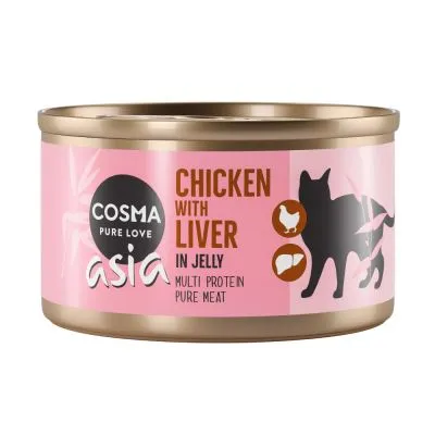 Cosma Pure Love Asia Chicken with Liver in Jelly, Multi Protein Pure Meat. Immagine di una lattina con silhouette di gatto e icone pollo e fegato visibili sull'etichetta.