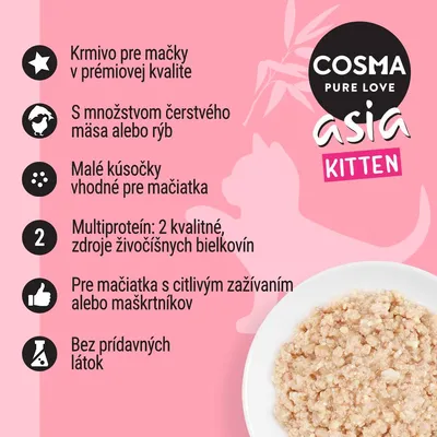 COSMA PURE LOVE asia KITTEN. Krmivo pre mačky v prémiovej kvalite, čerstvé mäso alebo ryby, malé kúsky vhodné pre mačiatka, multiproteín, bez prídavných látok.