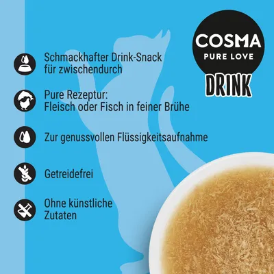 COSMA PURE LOVE DRINK. Texto en alemán: snack líquido sabroso, receta pura con carne o pescado en caldo, sin cereales, sin ingredientes artificiales.