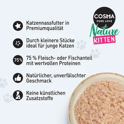 Cosma Nature Kitten Katzenfutter: Premiumqualität, kleinere Stücke für junge Katzen, 75% Fleisch- oder Fischanteil, natürlicher Geschmack, keine künstlichen Zusatzstoffe.