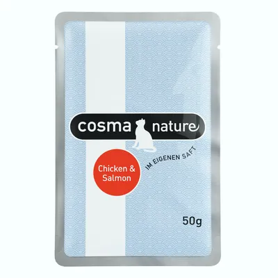 Cosma Nature, kylling og laks, i egen saft, 50g.