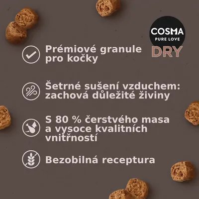 COSMA PURE LOVE DRY. Prémiové granule pro kočky, šetrné sušení vzduchem, 80 % čerstvého masa a vnitřností, bezobilná receptura.