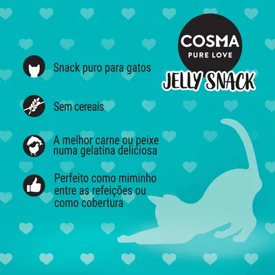 COSMA PURE LOVE JELLY SNACK. Snack puro para gatos, sem cereais, a melhor carne ou peixe numa gelatina deliciosa, perfeito como mimo entre refeições ou como cobertura.