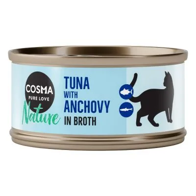 Cosma Pure Love Nature, lattina con testo visibile: Tuna with Anchovy in Broth, silhouette di gatto e simboli di pesci sull'etichetta.