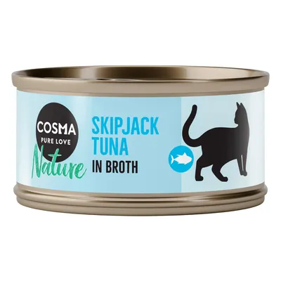 Boîte Cosma Pure Love Nature, texte visible : Skipjack Tuna in Broth, silhouette de chat et icône poisson. Texte en anglais.