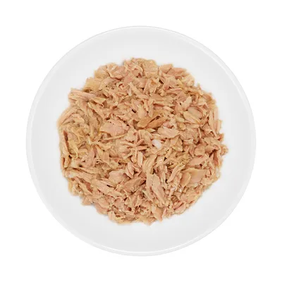 Assiette blanche contenant de la nourriture humide pour animaux, aspect effiloché, couleur beige rosé. Aucun emballage ou marque visible.