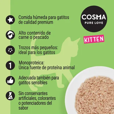 COSMA PURE LOVE KITTEN. Comida húmeda para gatitos: calidad premium, alto contenido de carne o pescado, trozos pequeños, monoproteica, sin conservantes artificiales ni colorantes.