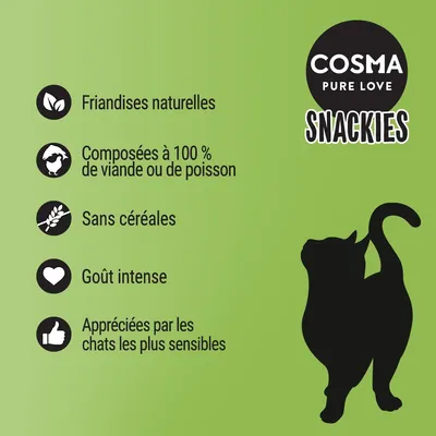 COSMA PURE LOVE SNACKIES. Friandises naturelles, composées à 100 % de viande ou de poisson, sans céréales, goût intense, appréciées par les chats les plus sensibles.