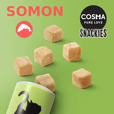 COSMA PURE LOVE SNACKIES, SOMON. Cuburi de snack pentru pisici, imagine cu ambalaj verde și cuburi vizibile pe fundal verde.