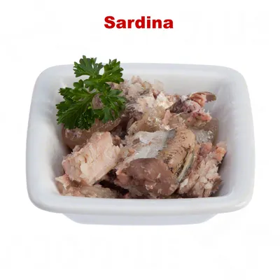 Sardina troceada en un cuenco blanco con una ramita de perejil encima. Texto visible: Sardina.