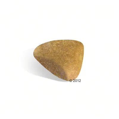 Едно парче суха храна за домашни любимци с триъгълна форма, кафяв цвят. Видим е надпис © 2012.