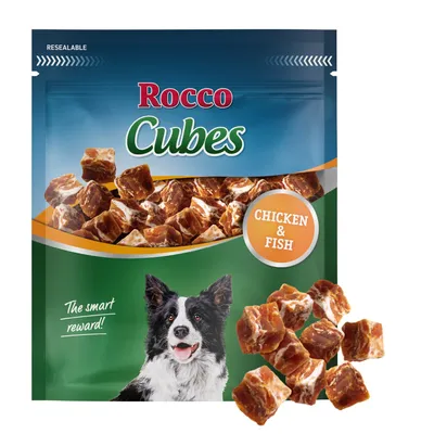 Rocco Cubes koiranherkut kanalla ja kalalla, uudelleensuljettava pakkaus. Teksti: The smart reward!