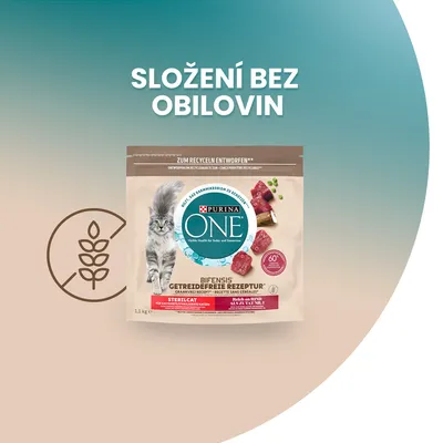 Purina ONE Bifensis Sterilcat krmivo pre mačky, zloženie bez obilovín, balenie 1,1 kg, obrázok mačky a kúskov krmiva. Text v češtine: SLOŽENÍ BEZ OBILOVIN.