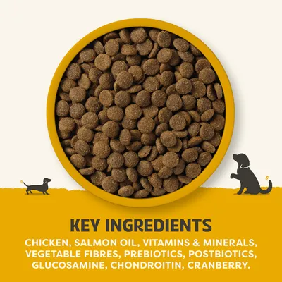 Huvudingredienser: höna, laxolja, vitaminer och mineraler, vegetabiliska fibrer, prebiotika, postbiotika, glukosamin, kondroitin, tranbär. Huvudingredienser: höna, laxolja, vitaminer och mineraler, vegetabiliska fibrer, prebiotika, postbiotika, glukosamin, kondroitin, tranbär.