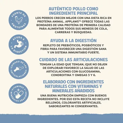 Ingrediente principal: pollo, favorece la digestión y las articulaciones, contiene vitaminas y minerales naturales, sin rellenos, colorantes artificiales ni conservantes.