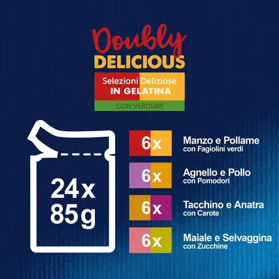 Doubly Delicious Selezioni Deliziose in gelatina con verdure, 24x85g: 6x manzo e pollame con fagiolini verdi, 6x agnello e pollo con pomodori, 6x tacchino e anatra con carote, 6x maiale e selvaggina con zucchine.