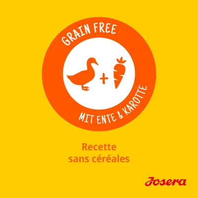 Grain Free, mit Ente & Karotte, Recette sans céréales, Josera. Texte allemand et français visibles sur l’image.