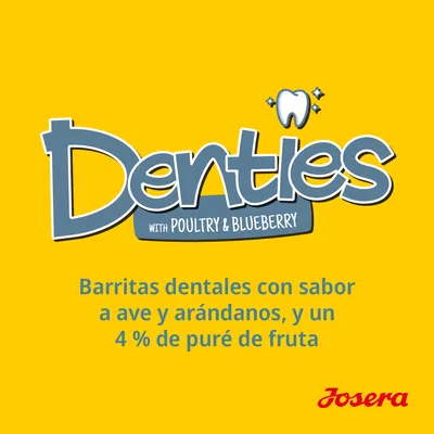 Denties with poultry & blueberry. Barritas dentales con sabor a ave y arándanos, y un 4 % de puré de fruta. Josera.