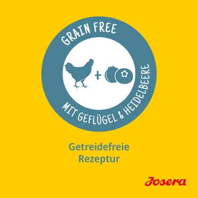 Getreidefreie Rezeptur mit Geflügel und Heidelbeere. Josera Logo sichtbar.