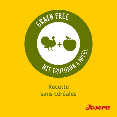 Grain Free, mit Truthahn & Apfel, Recette sans céréales, Josera. Texte en allemand et français indiquant une recette sans céréales à la dinde et pomme.