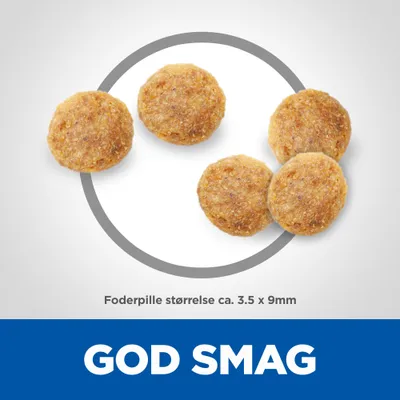 Foderpille størrelse ca. 3.5 x 9 mm. Tekst: GOD SMAG
