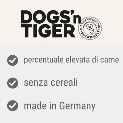 DOGS'n TIGER, percentuale elevata di carne, senza cereali, made in Germany. Testo tedesco: MIT TIERÄRZTEN UND ERNÄHRUNGSEXPERTEN ENTWICKELT.