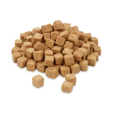 Pile of brown, cube-shaped dry food pieces. Product image shows the shape and texture of the food pieces.