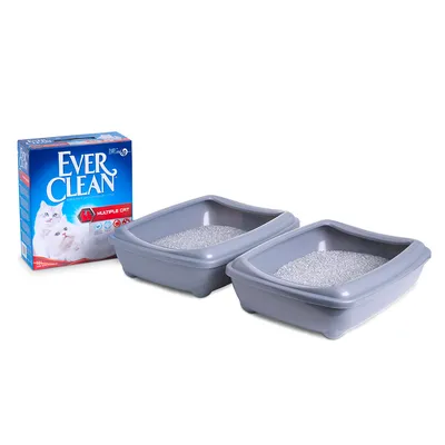 Balení steliva pro kočky Ever Clean Multiple Cat vedle dvou šedých plastových toalet s nasypaným stelivem.