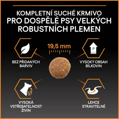 Kompletné suché krmivo pre dospelé psy veľkých robustných plemien, priemer granule 19,5 mm, bez pridaných farbív, vysoký obsah bielkovín, vysoká vstrebateľnosť živín, ľahko stráviteľné. Text v češtine.