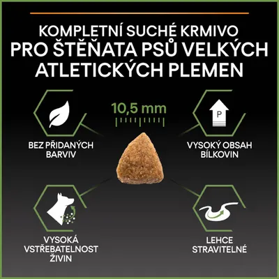 Kompletní suché krmivo pro štěňata psů velkých atletických plemen, 10,5 mm granule, bez přidaných barviv, vysoký obsah bílkovin, vysoká vstřebatelnost živin, lehce stravitelné.